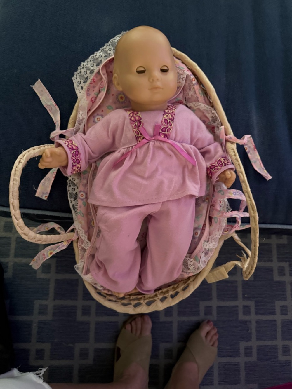 American Girl Plush Baby Doll in Pink Outfit with Woven Basket